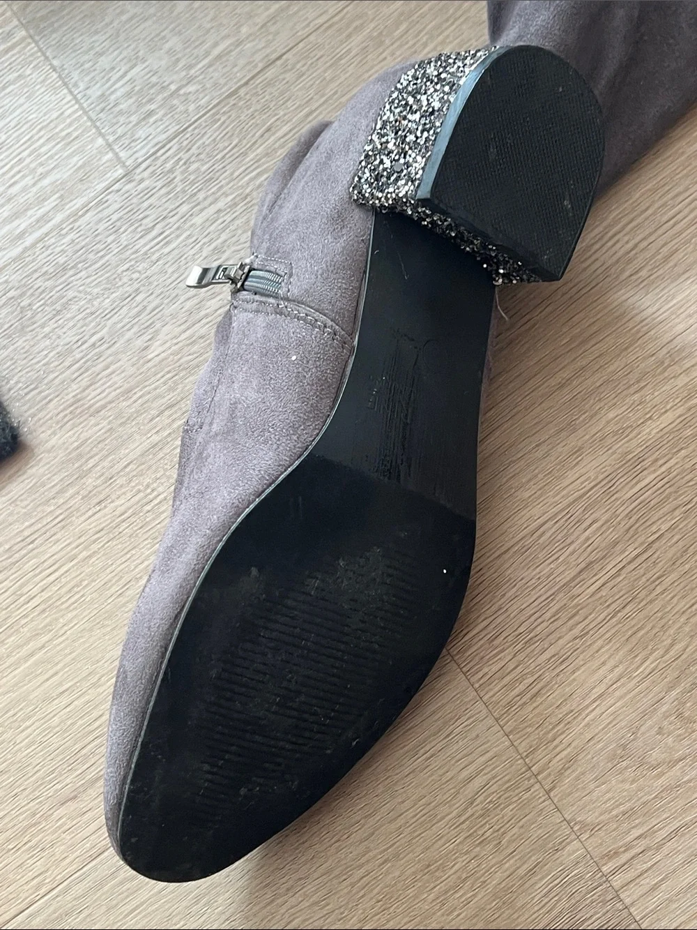 Catherine Malandrino Gray Suede Over-the-Knee Boots with Glitter Block Heel